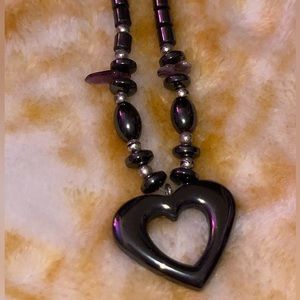Dark Grey Heart  + Amethyst Beaded Metallic Necklace